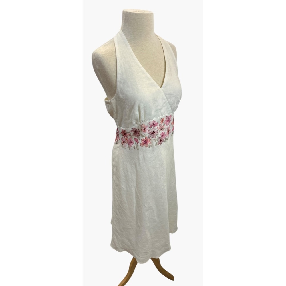 Ann Taylor Y2K Ivory Linen Floral Embroidered Halter Mini Dress Size 8 Coquette - Picture 8 of 15